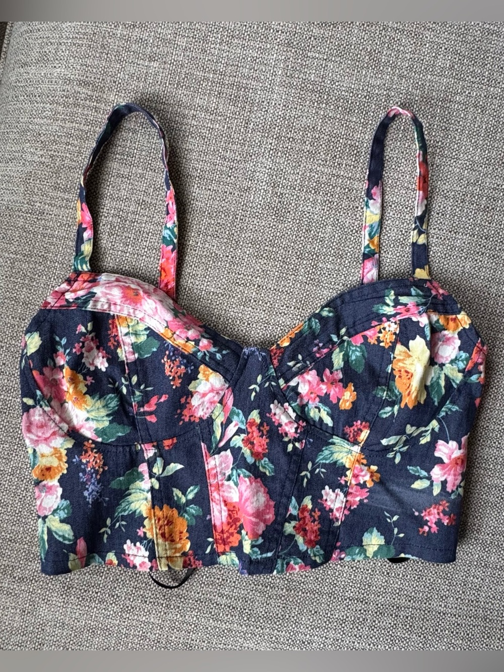 Floral Navy Bustier Crop Top - Women's Floral Strappy Top size Large NWOT